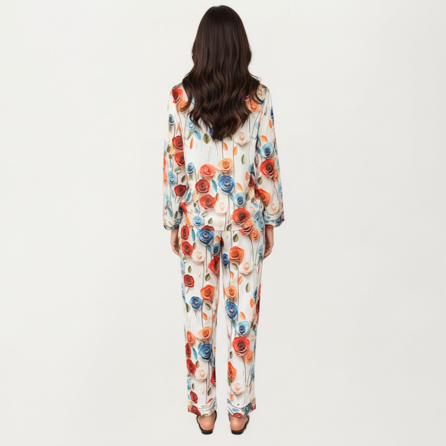 2-Piece Set Floral Satin Button Front Pajama Top with Contrast Piping and Elastic Waist Pants
