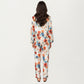 2-Piece Set Floral Satin Button Front Pajama Top with Contrast Piping and Elastic Waist Pants