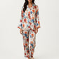 2-Piece Set Floral Satin Button Front Pajama Top with Contrast Piping and Elastic Waist Pants