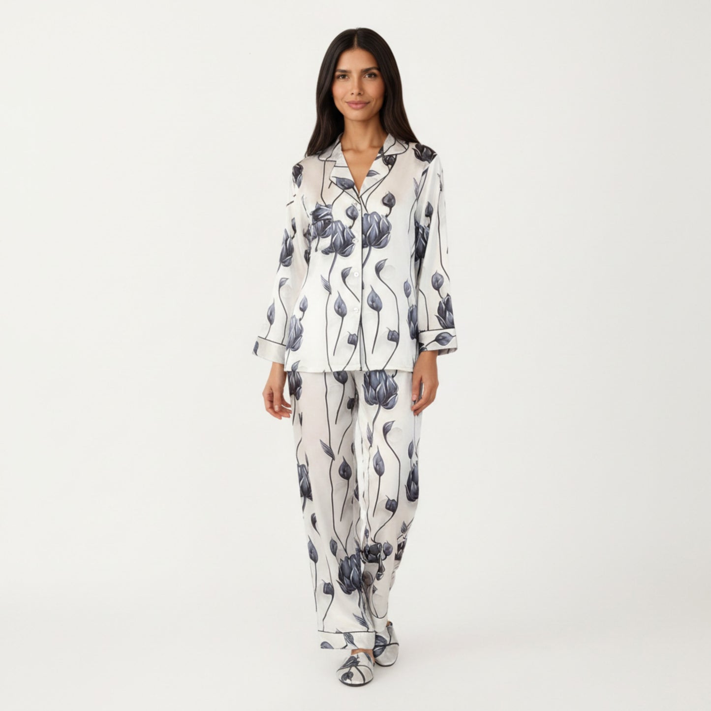 2-Piece Set Floral Satin Button Front Pajama Top with Contrast Piping and Elastic Waist Pants