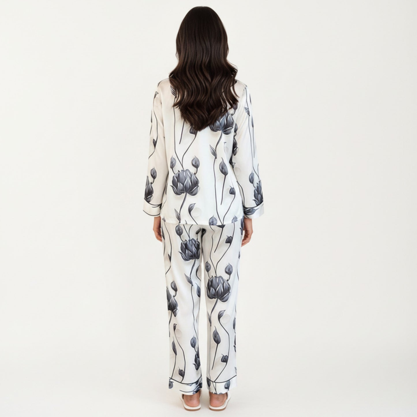 2-Piece Set Floral Satin Button Front Pajama Top with Contrast Piping and Elastic Waist Pants
