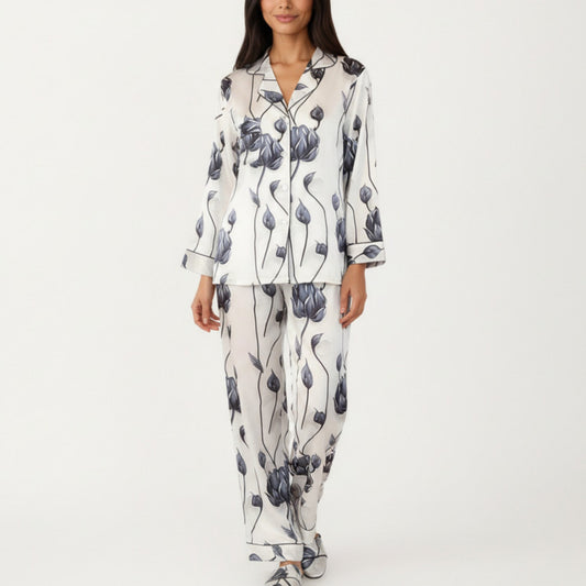 2-Piece Set Floral Satin Button Front Pajama Top with Contrast Piping and Elastic Waist Pants