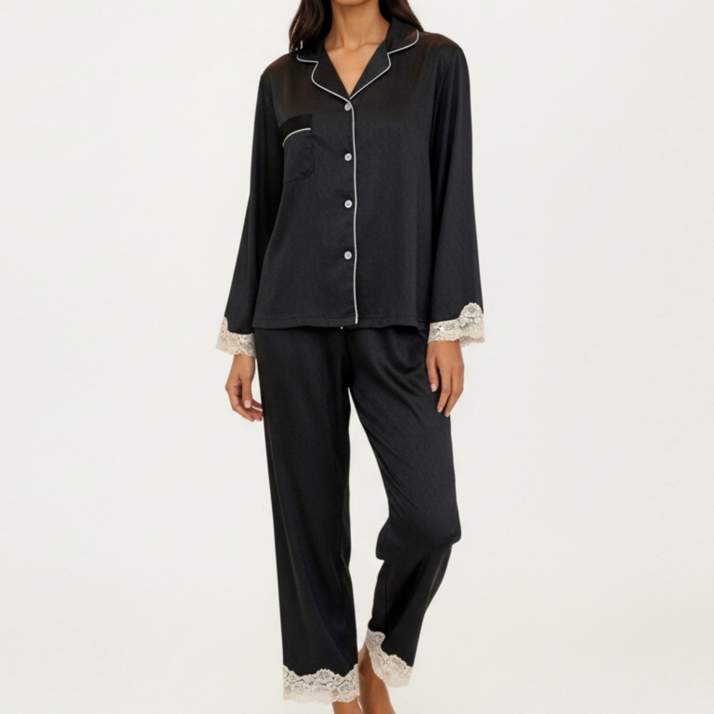 2-Piece Set Satin Button Front Pajama Top with Lace Trim Sleeves and Matching Elastic Waist Pants