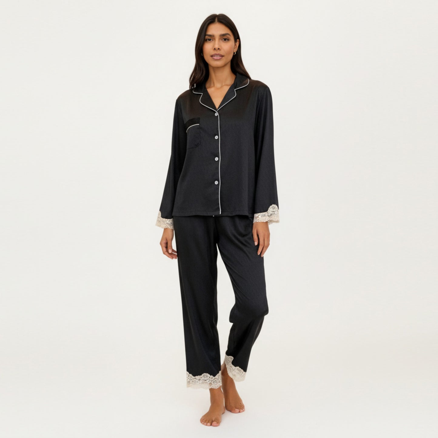 2-Piece Set Satin Button Front Pajama Top with Lace Trim Sleeves and Matching Elastic Waist Pants