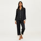 2-Piece Set Satin Button Front Pajama Top with Lace Trim Sleeves and Matching Elastic Waist Pants