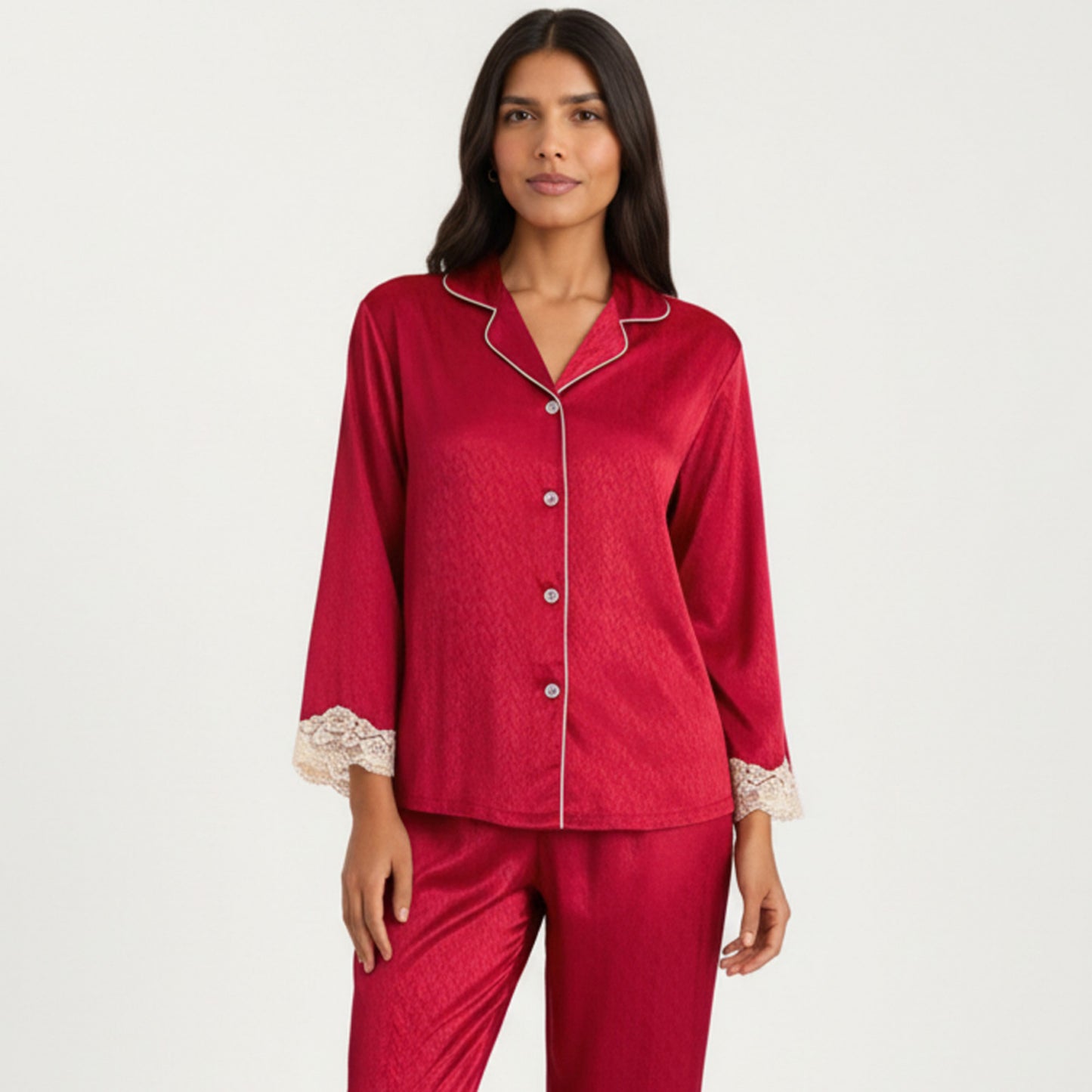 2-Piece Set Satin Button Front Pajama Top with Lace Trim Sleeves and Matching Elastic Waist Pants