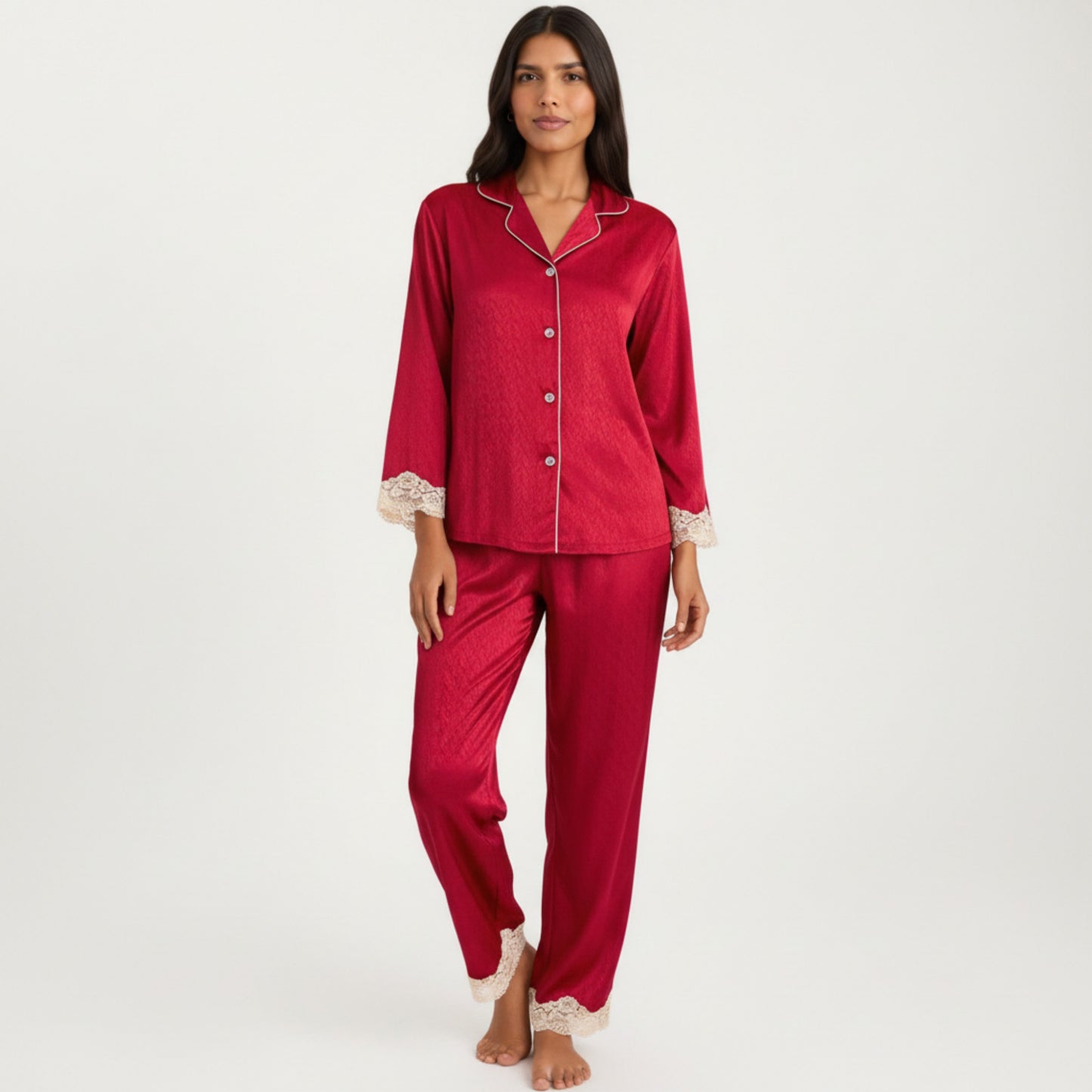 2-Piece Set Satin Button Front Pajama Top with Lace Trim Sleeves and Matching Elastic Waist Pants