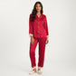 2-Piece Set Satin Button Front Pajama Top with Lace Trim Sleeves and Matching Elastic Waist Pants