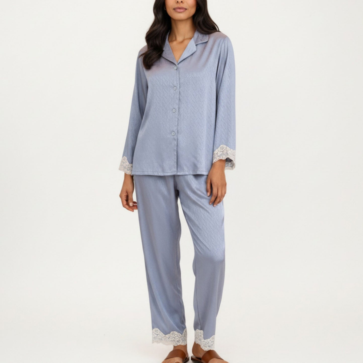 2-Piece Set Satin Button Front Pajama Top with Lace Trim Sleeves and Matching Elastic Waist Pants