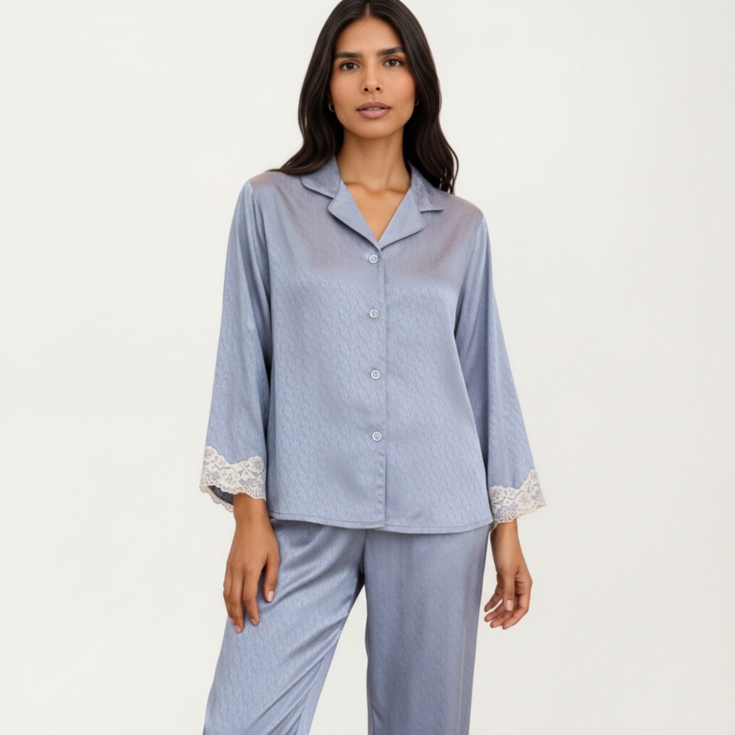 2-Piece Set Satin Button Front Pajama Top with Lace Trim Sleeves and Matching Elastic Waist Pants