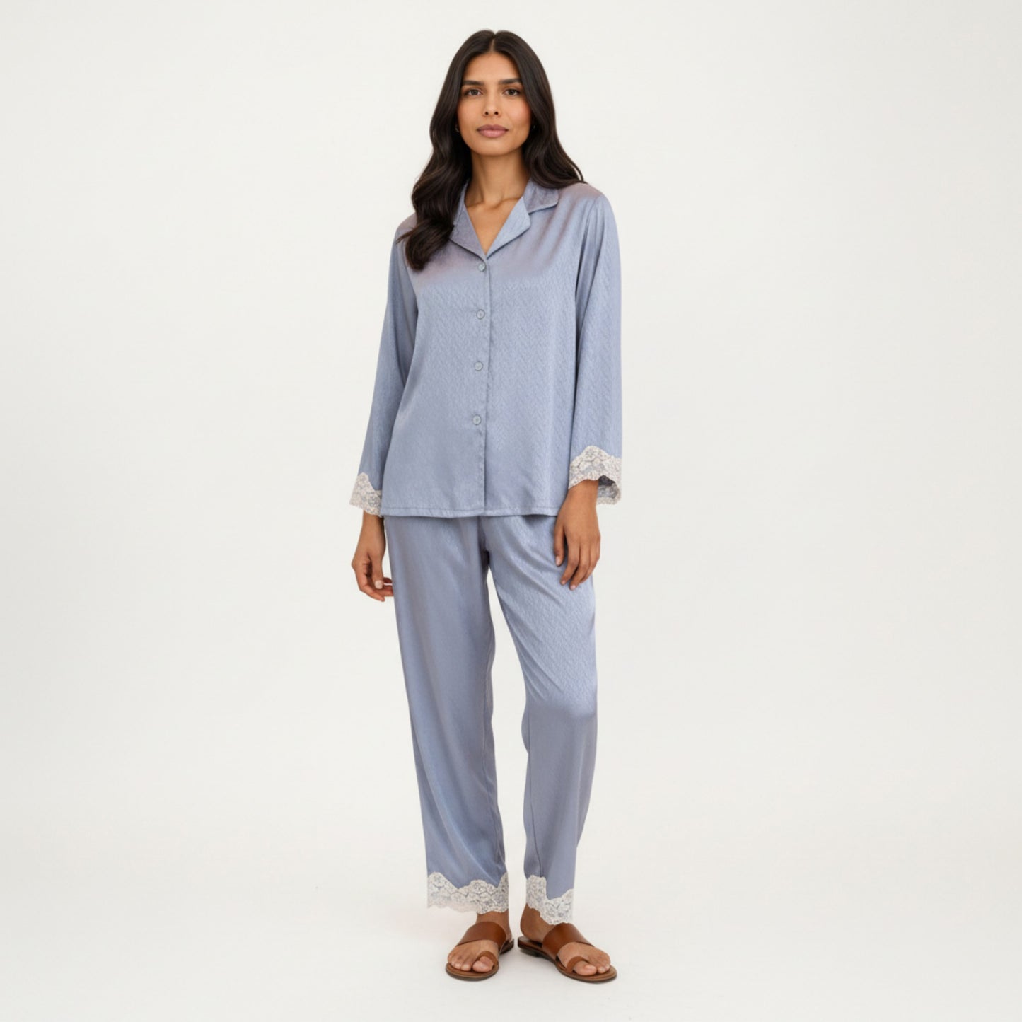 2-Piece Set Satin Button Front Pajama Top with Lace Trim Sleeves and Matching Elastic Waist Pants