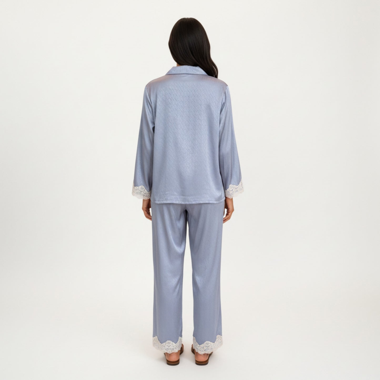 2-Piece Set Satin Button Front Pajama Top with Lace Trim Sleeves and Matching Elastic Waist Pants