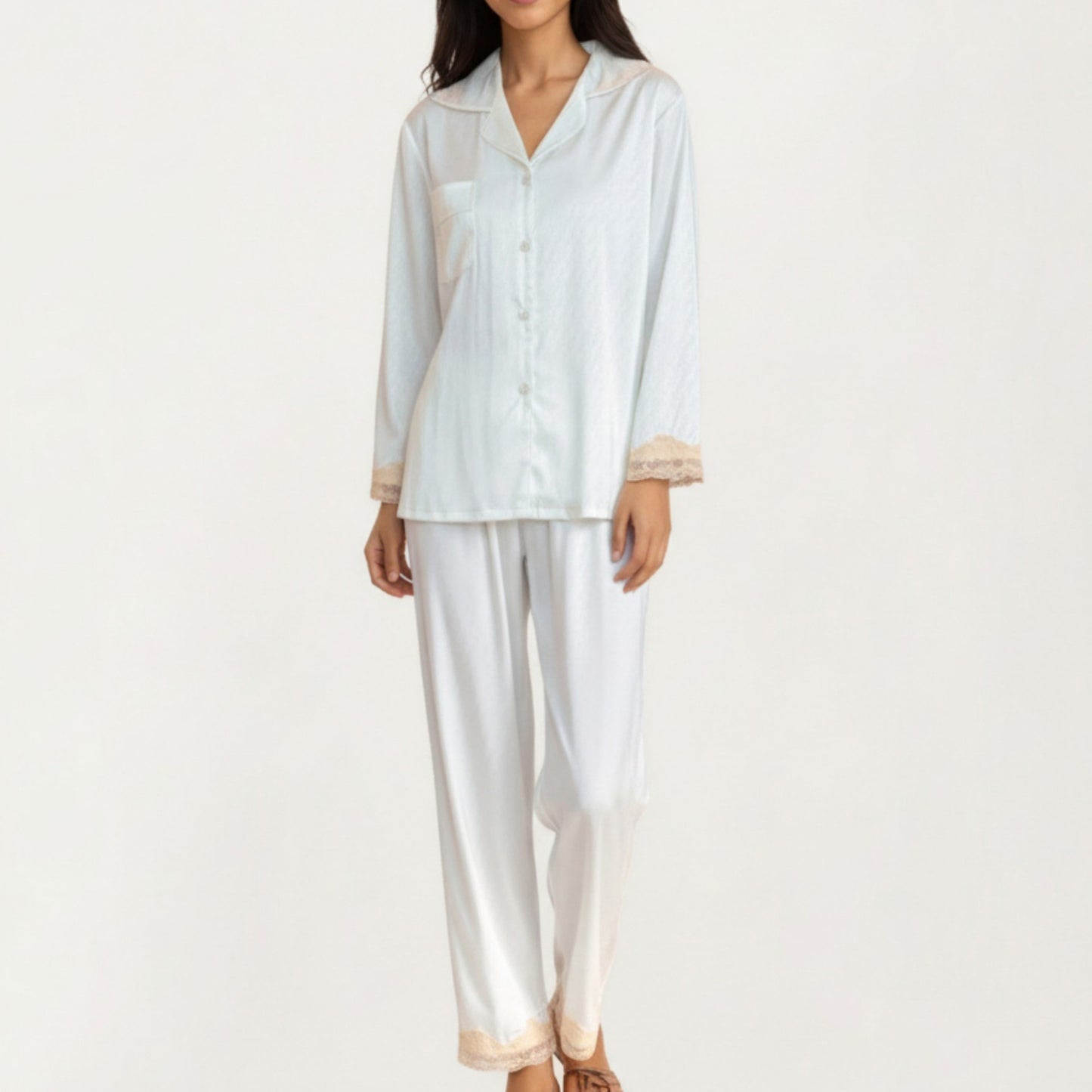 2-Piece Set Satin Button Front Pajama Top with Lace Trim Sleeves and Matching Elastic Waist Pants