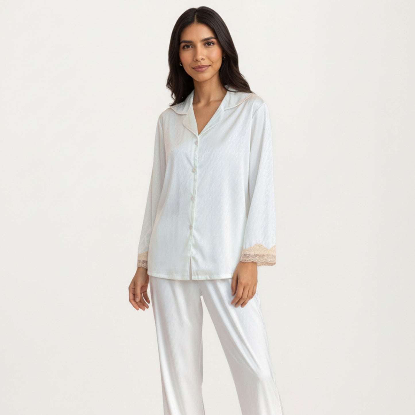 2-Piece Set Satin Button Front Pajama Top with Lace Trim Sleeves and Matching Elastic Waist Pants