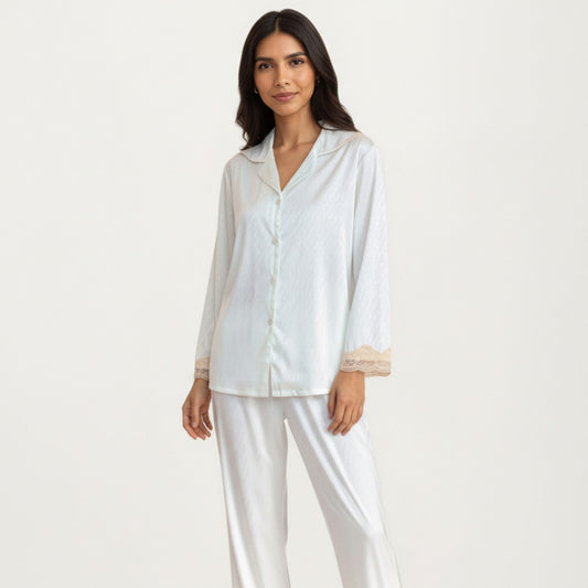2-Piece Set Satin Button Front Pajama Top with Lace Trim Sleeves and Matching Elastic Waist Pants