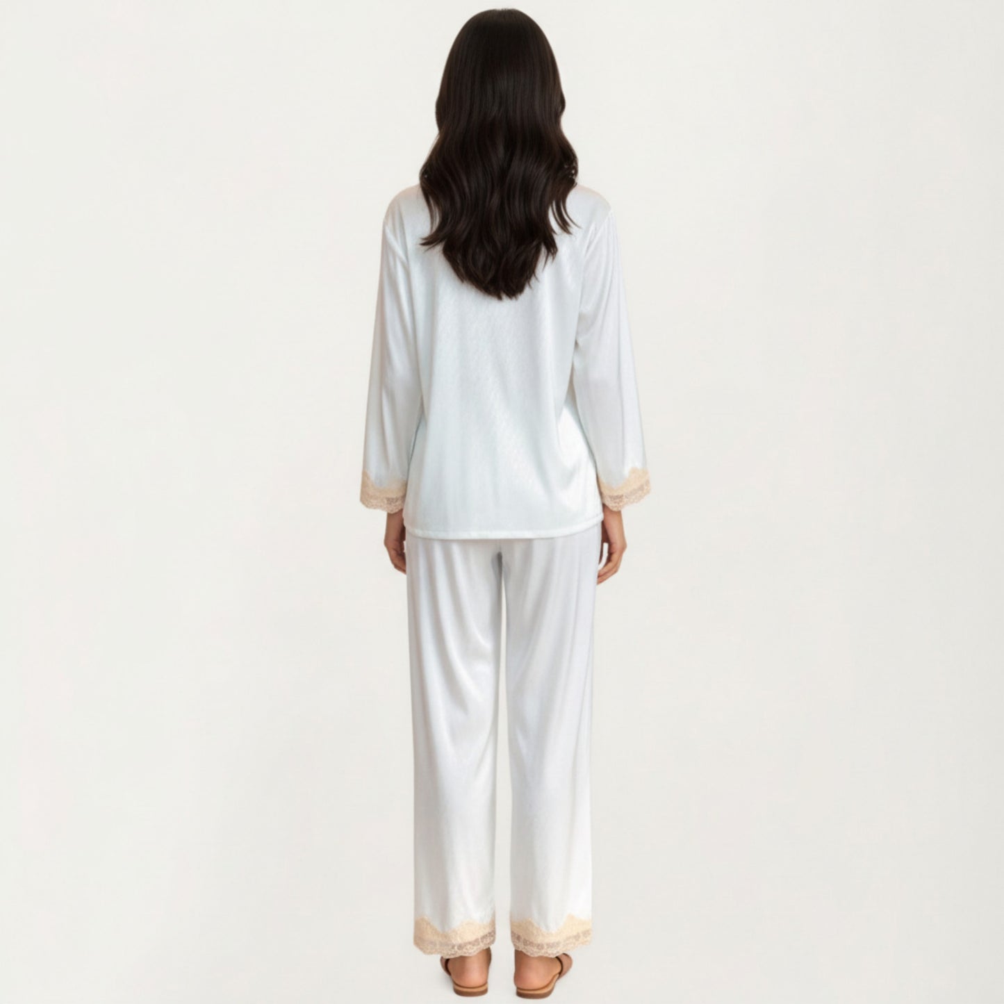 2-Piece Set Satin Button Front Pajama Top with Lace Trim Sleeves and Matching Elastic Waist Pants