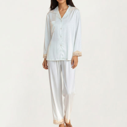 2-Piece Set Satin Button Front Pajama Top with Lace Trim Sleeves and Matching Elastic Waist Pants