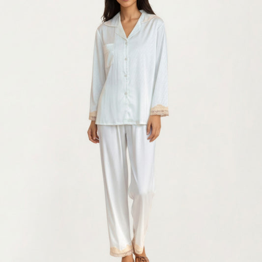 2-Piece Set Satin Button Front Pajama Top with Lace Trim Sleeves and Matching Elastic Waist Pants