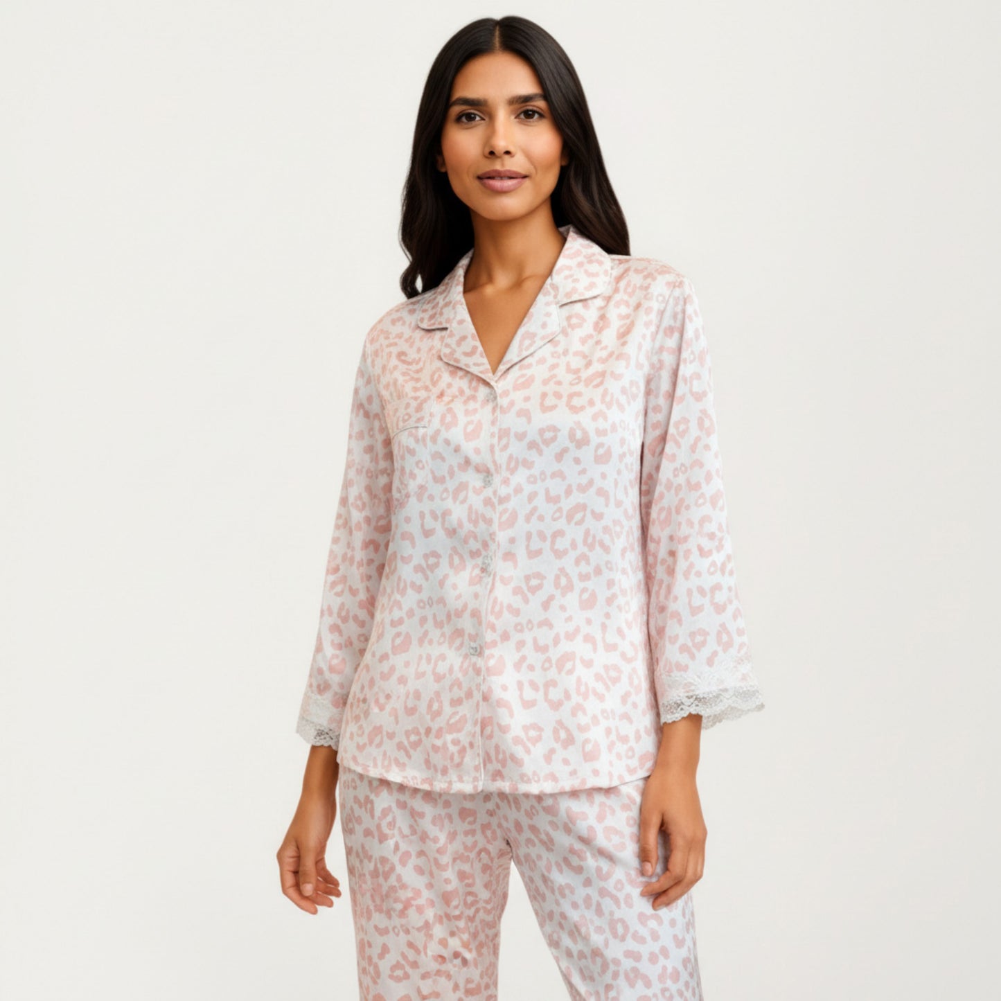 2-Piece Set Leopard Print Button Front Pajama Top with Lace Trim Sleeves and Matching Relaxed Fit Pants