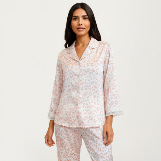 2-Piece Set Leopard Print Button Front Pajama Top with Lace Trim Sleeves and Matching Relaxed Fit Pants