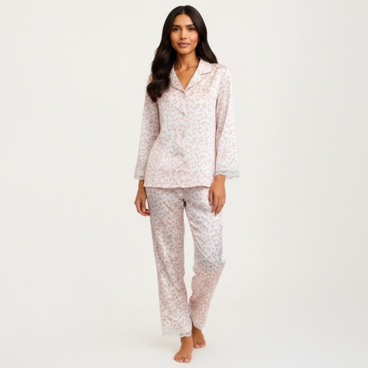 2-Piece Set Leopard Print Button Front Pajama Top with Lace Trim Sleeves and Matching Relaxed Fit Pants