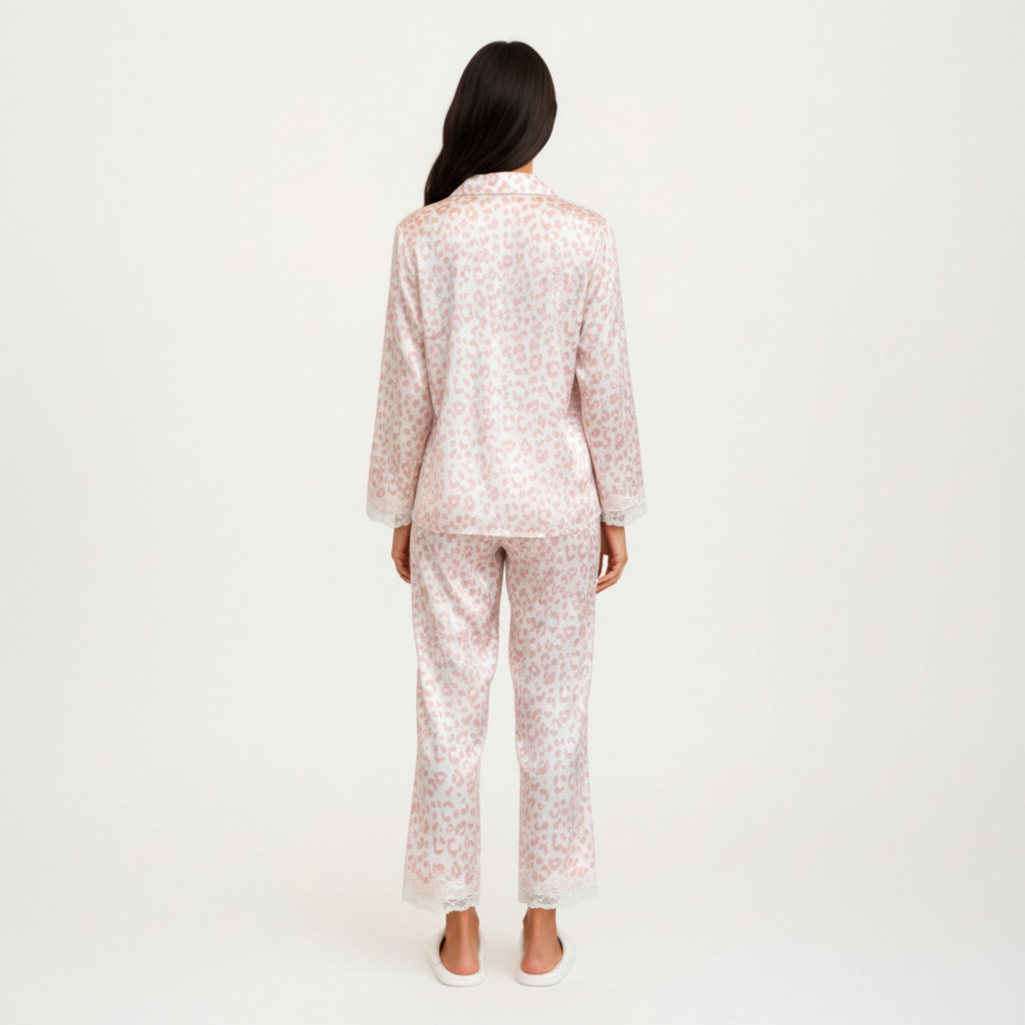 2-Piece Set Leopard Print Button Front Pajama Top with Lace Trim Sleeves and Matching Relaxed Fit Pants