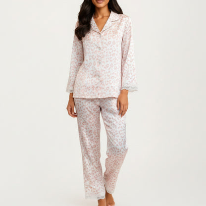 2-Piece Set Leopard Print Button Front Pajama Top with Lace Trim Sleeves and Matching Relaxed Fit Pants