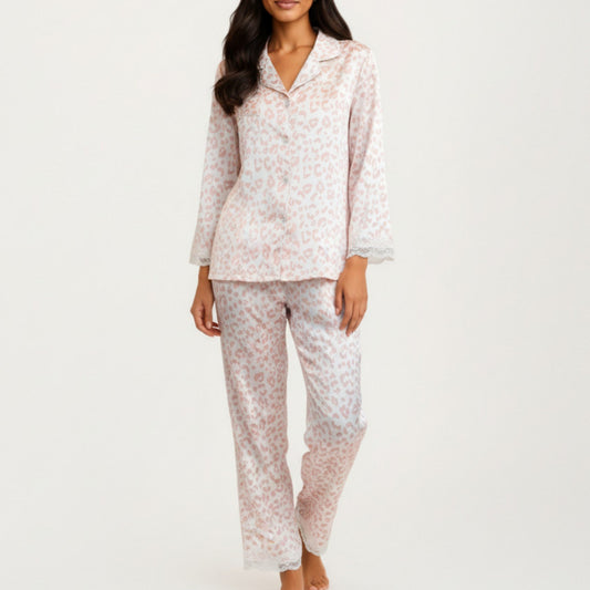 2-Piece Set Leopard Print Button Front Pajama Top with Lace Trim Sleeves and Matching Relaxed Fit Pants