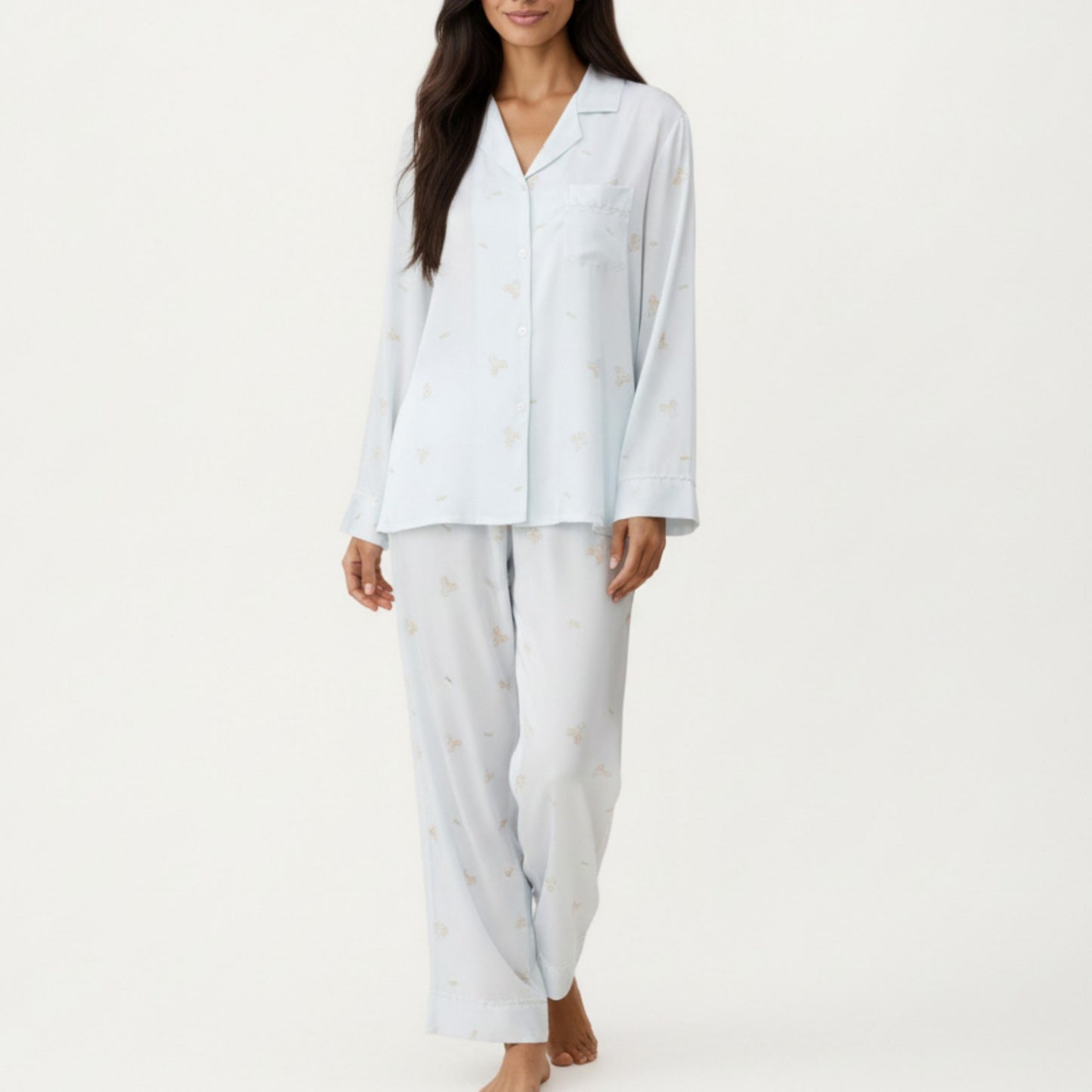 2-Piece Set Printed Button Front Pajama Top with Relaxed Long Sleeves and Matching Elastic Waist Pants