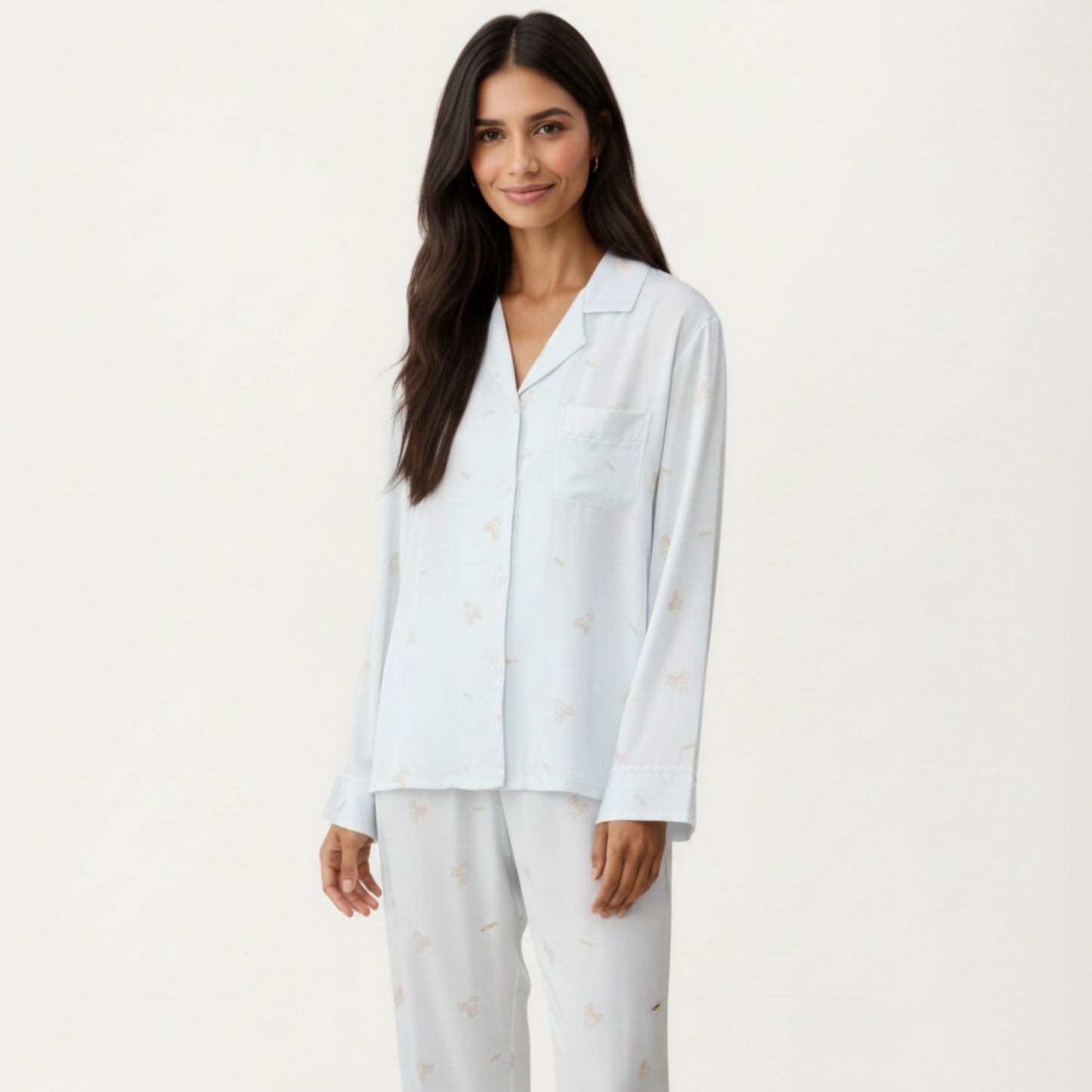 2-Piece Set Printed Button Front Pajama Top with Relaxed Long Sleeves and Matching Elastic Waist Pants