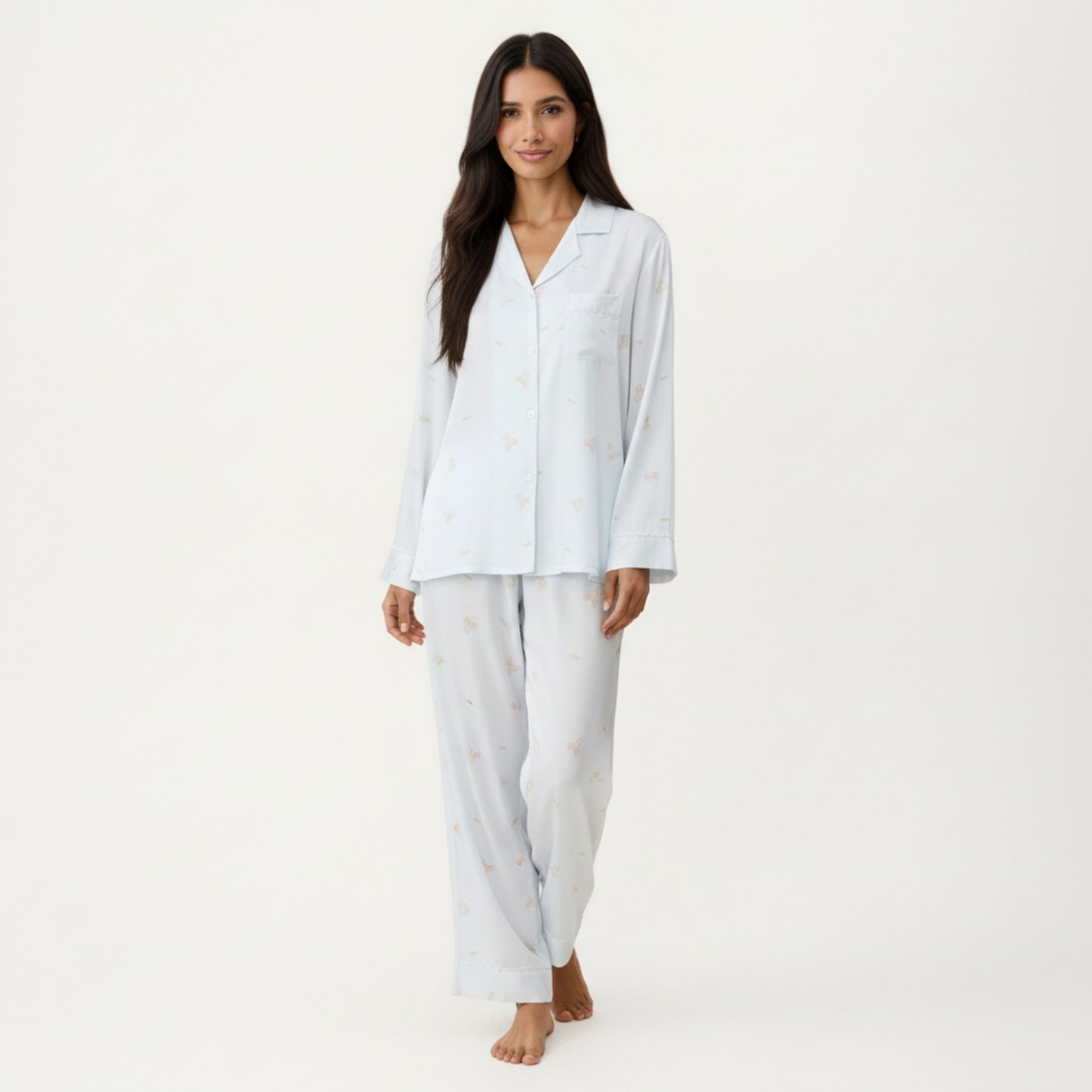 2-Piece Set Printed Button Front Pajama Top with Relaxed Long Sleeves and Matching Elastic Waist Pants