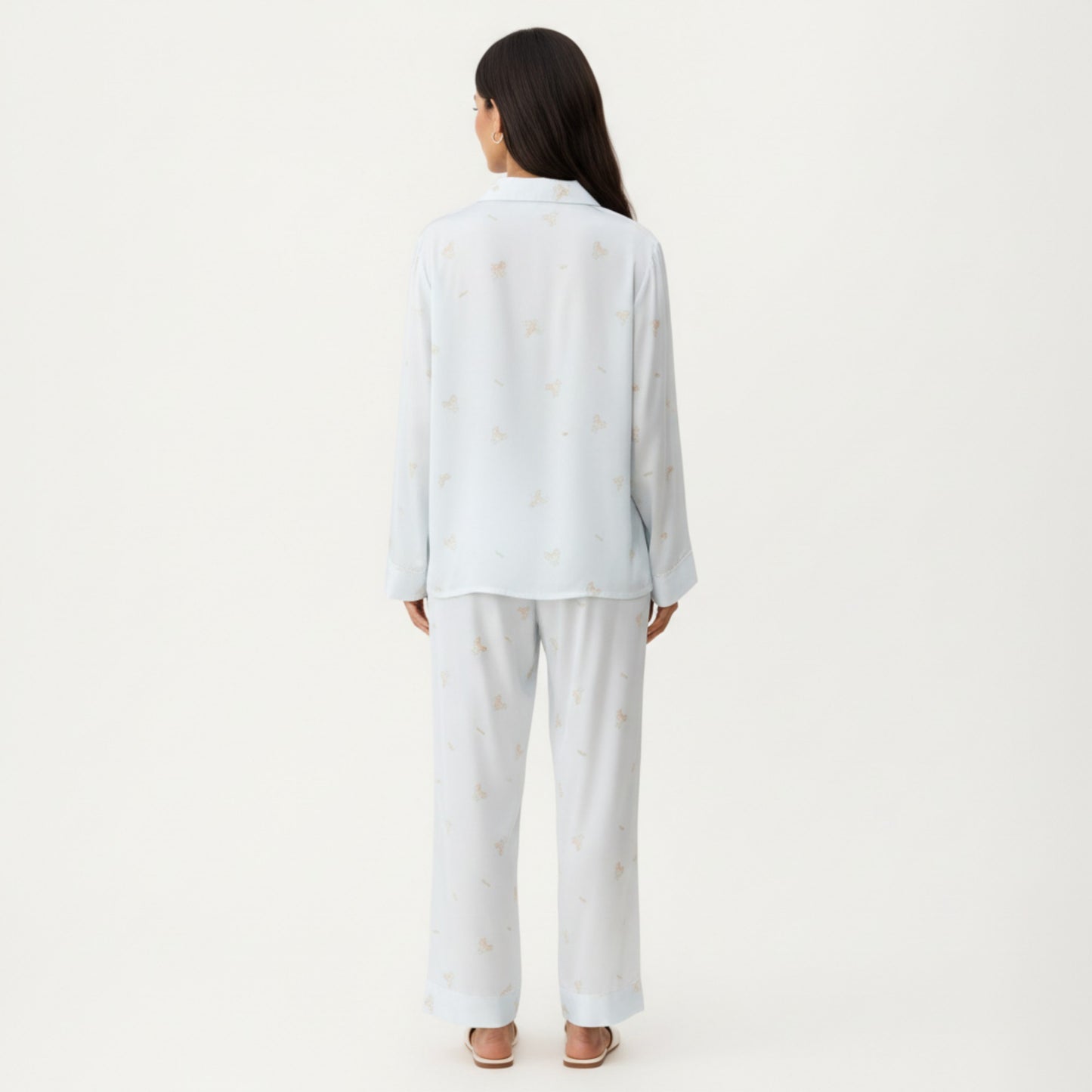 2-Piece Set Printed Button Front Pajama Top with Relaxed Long Sleeves and Matching Elastic Waist Pants