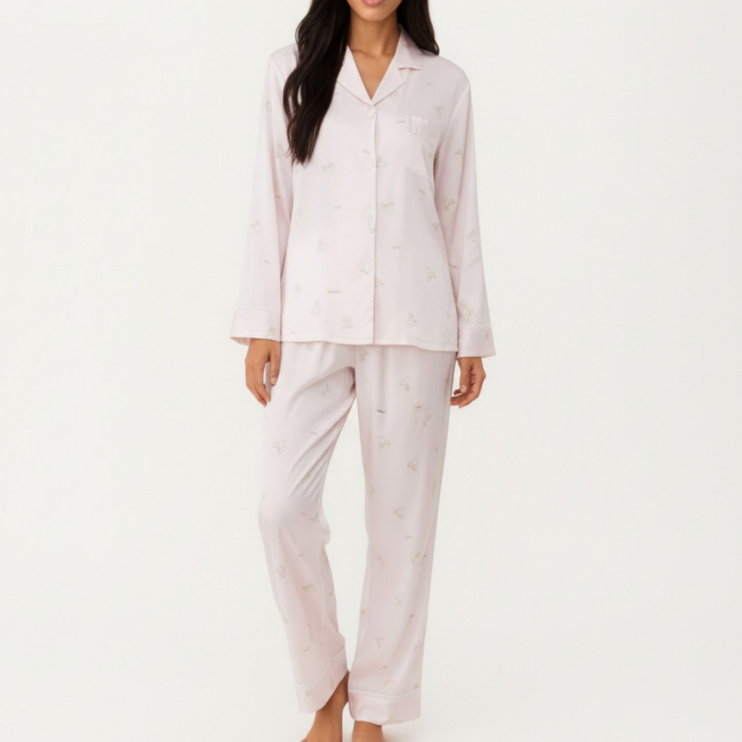 2-Piece Set Printed Button Front Pajama Top with Relaxed Long Sleeves and Matching Elastic Waist Pants