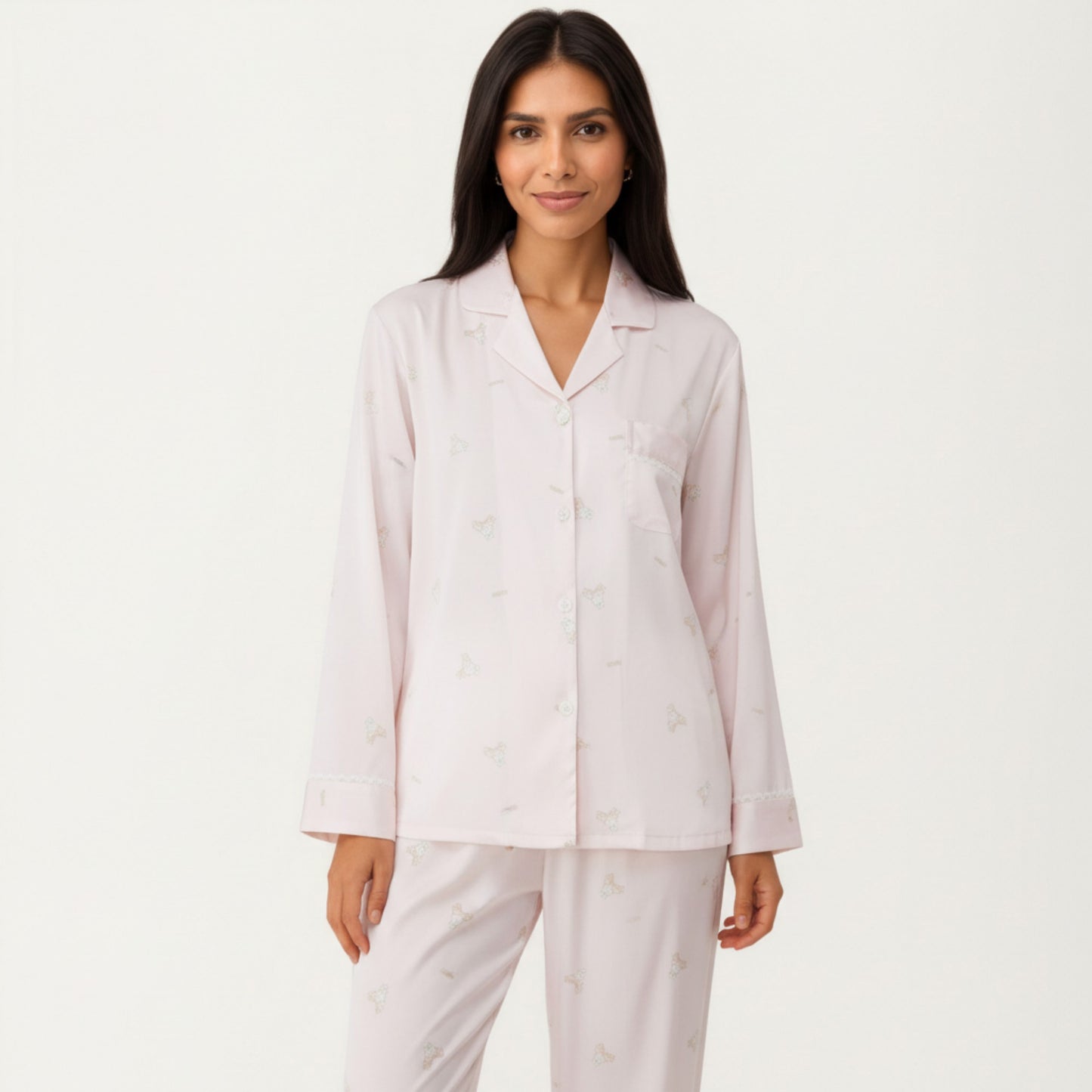 2-Piece Set Printed Button Front Pajama Top with Relaxed Long Sleeves and Matching Elastic Waist Pants