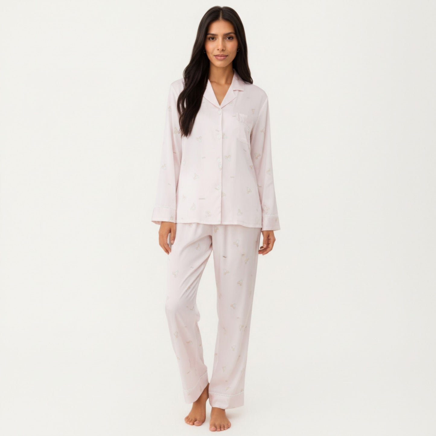 2-Piece Set Printed Button Front Pajama Top with Relaxed Long Sleeves and Matching Elastic Waist Pants