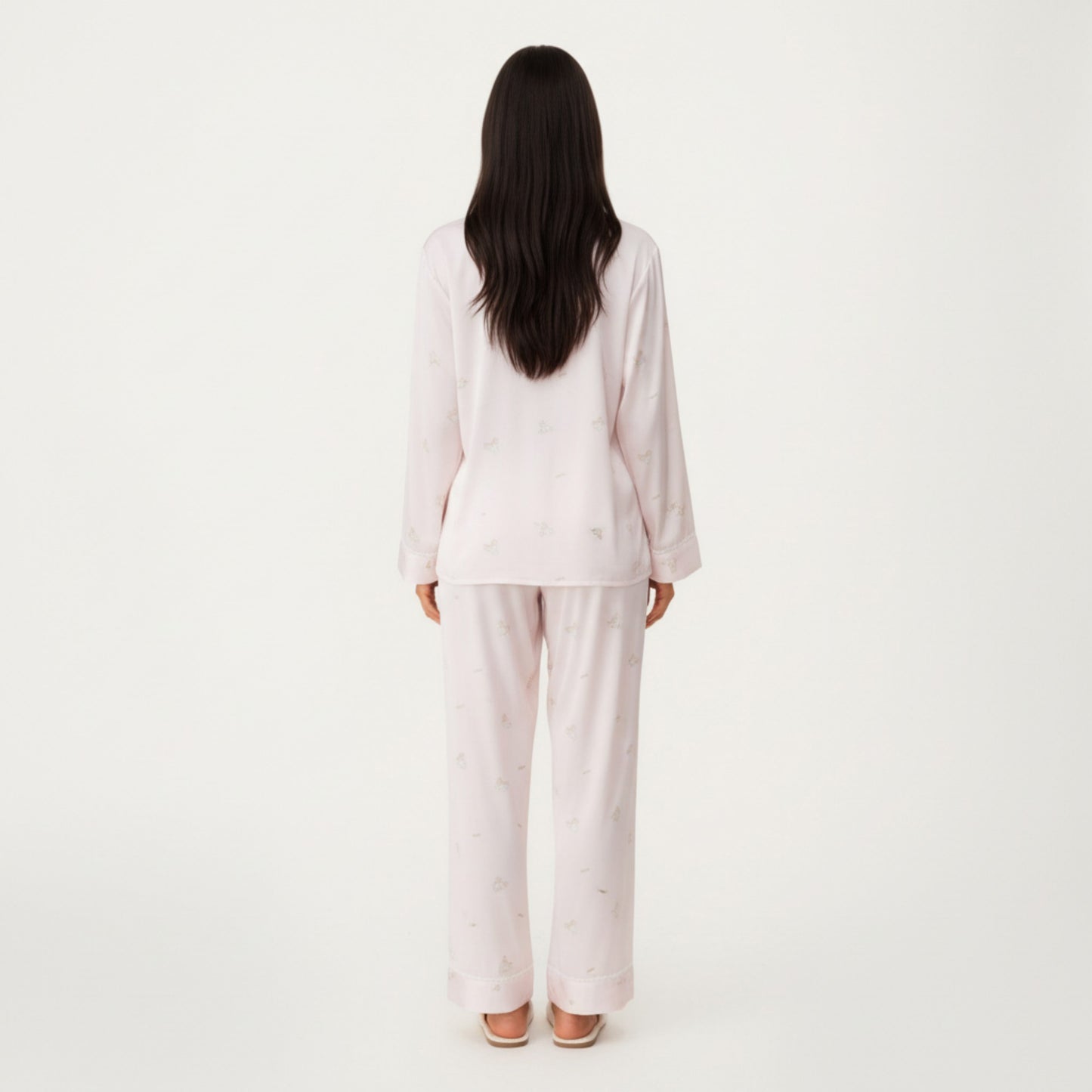 2-Piece Set Printed Button Front Pajama Top with Relaxed Long Sleeves and Matching Elastic Waist Pants
