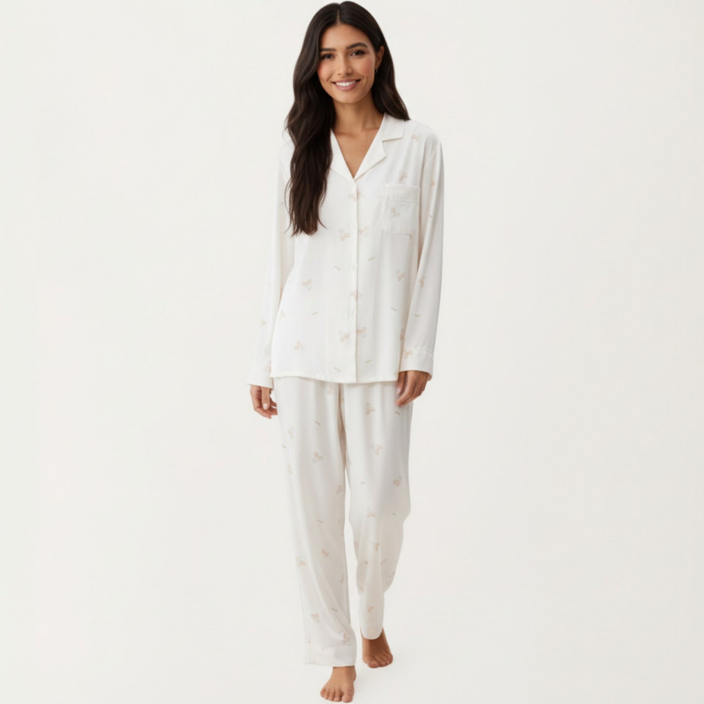 2-Piece Set Printed Button Front Pajama Top with Relaxed Long Sleeves and Matching Elastic Waist Pants