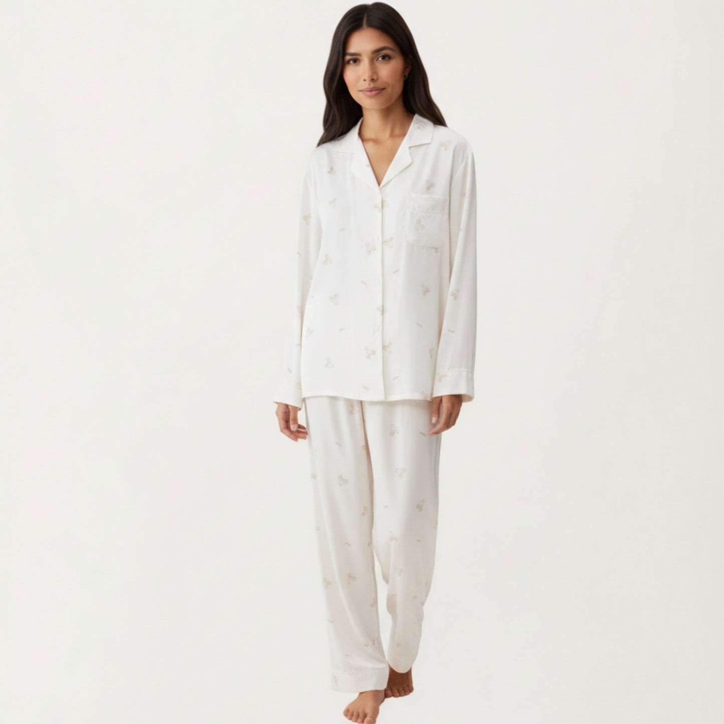 2-Piece Set Printed Button Front Pajama Top with Relaxed Long Sleeves and Matching Elastic Waist Pants