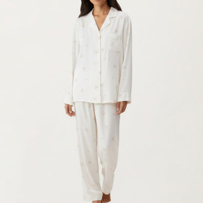 2-Piece Set Printed Button Front Pajama Top with Relaxed Long Sleeves and Matching Elastic Waist Pants