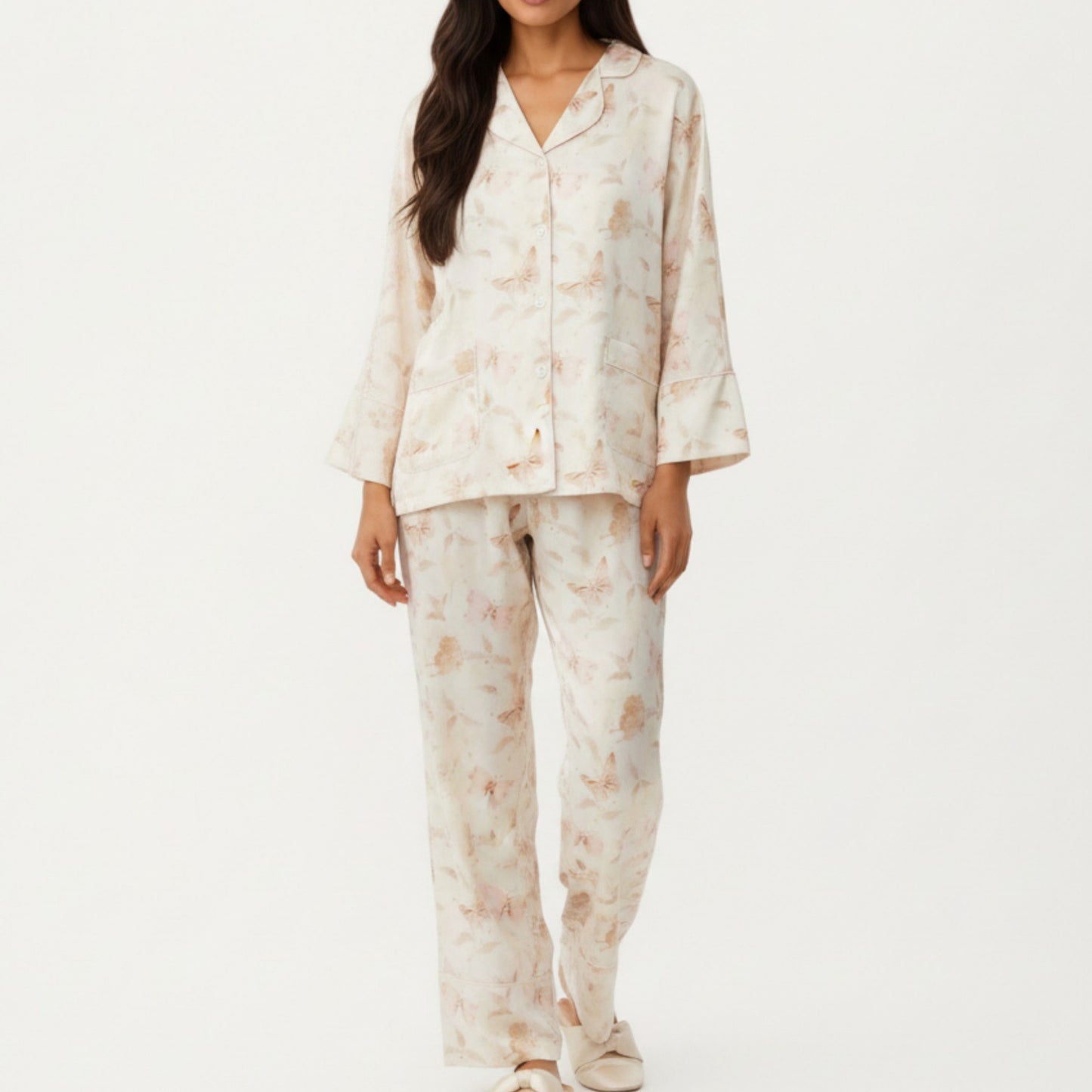 2-Piece Set Floral Print Button Front Pajama Top with Wide Cuff Sleeves and Matching Relaxed Fit Pants