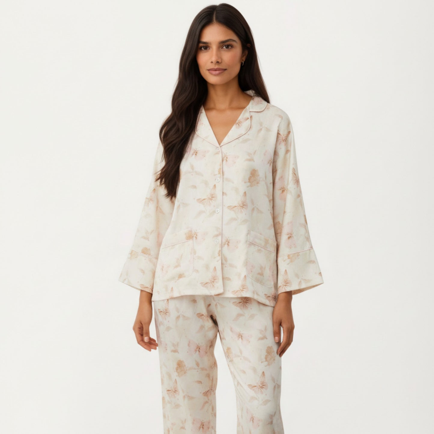 2-Piece Set Floral Print Button Front Pajama Top with Wide Cuff Sleeves and Matching Relaxed Fit Pants