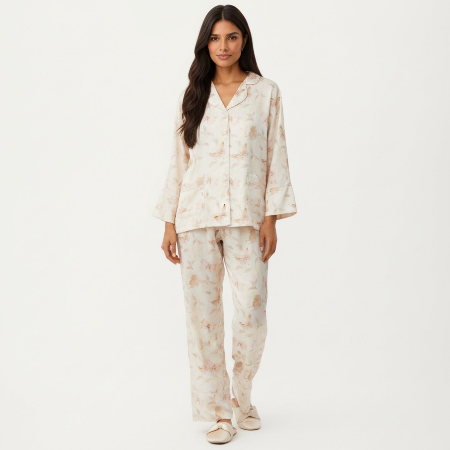 2-Piece Set Floral Print Button Front Pajama Top with Wide Cuff Sleeves and Matching Relaxed Fit Pants