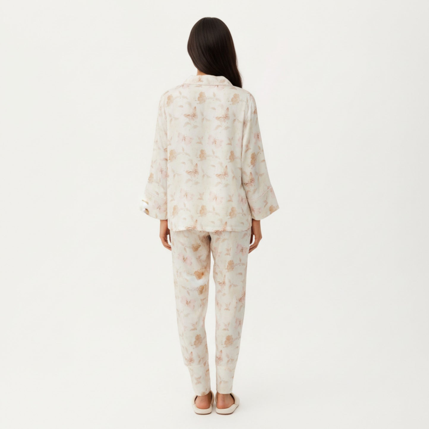 2-Piece Set Floral Print Button Front Pajama Top with Wide Cuff Sleeves and Matching Relaxed Fit Pants