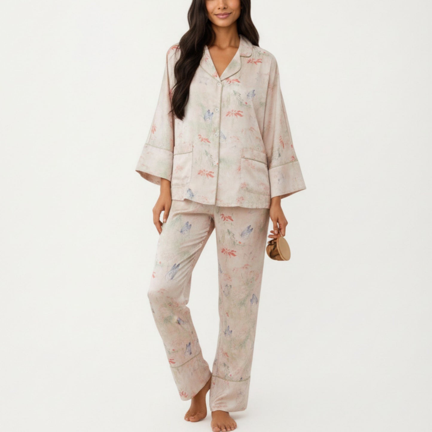 2-Piece Set Floral Print Button Front Pajama Top with Wide Cuff Sleeves and Matching Relaxed Fit Pants