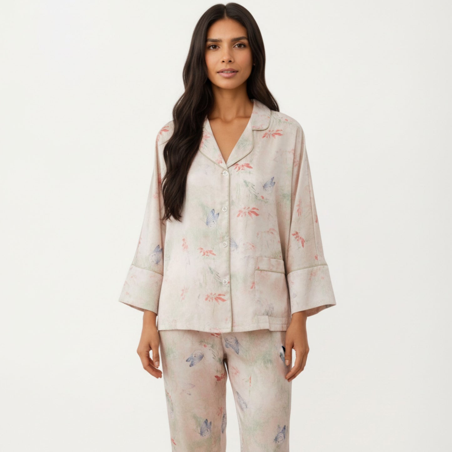 2-Piece Set Floral Print Button Front Pajama Top with Wide Cuff Sleeves and Matching Relaxed Fit Pants