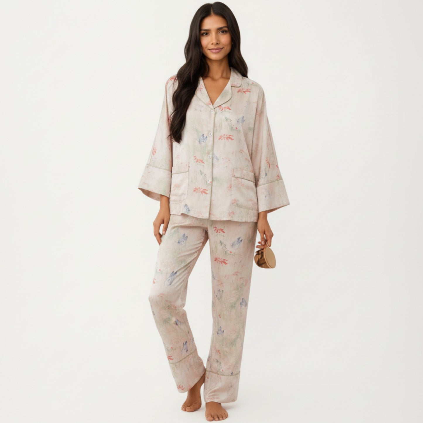 2-Piece Set Floral Print Button Front Pajama Top with Wide Cuff Sleeves and Matching Relaxed Fit Pants