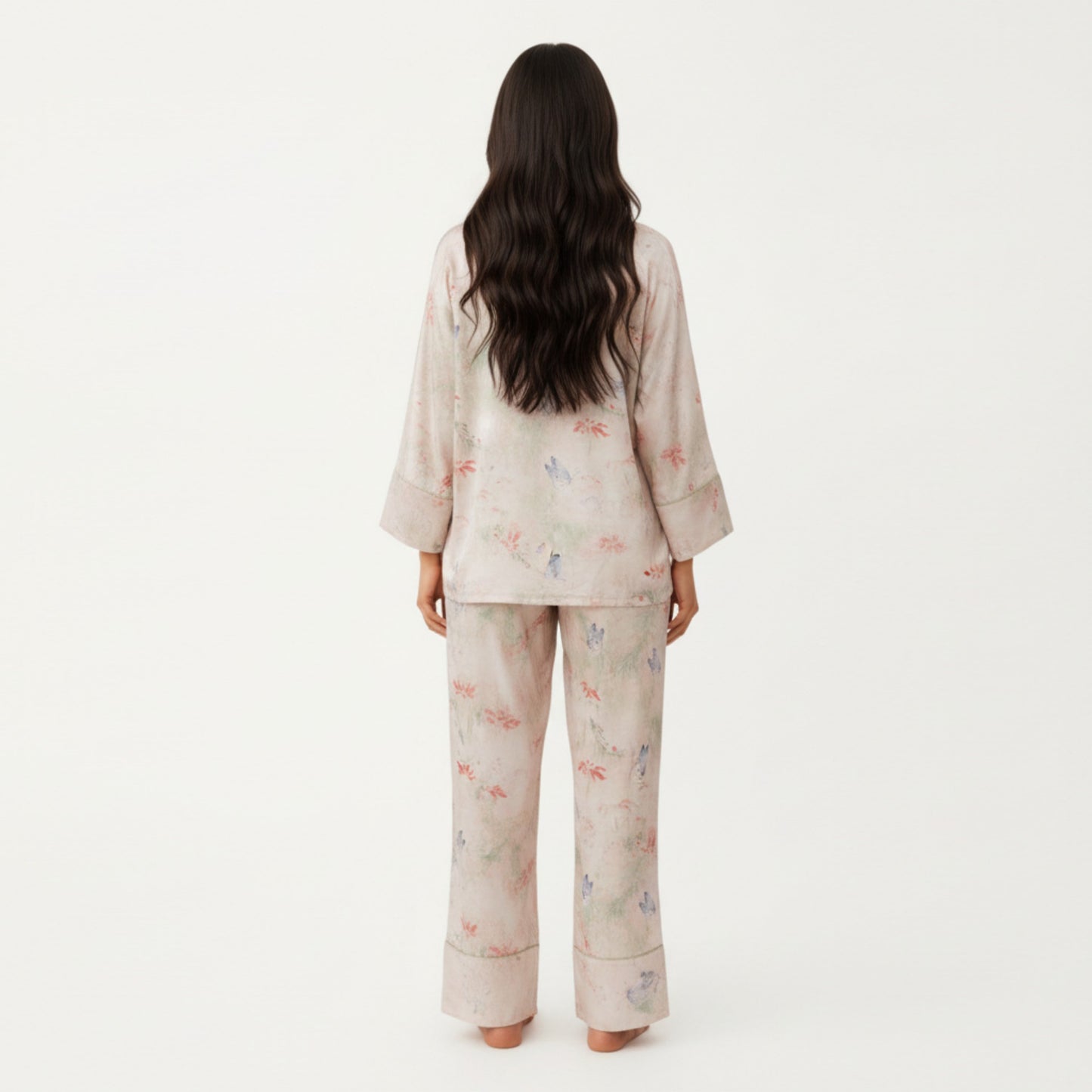 2-Piece Set Floral Print Button Front Pajama Top with Wide Cuff Sleeves and Matching Relaxed Fit Pants
