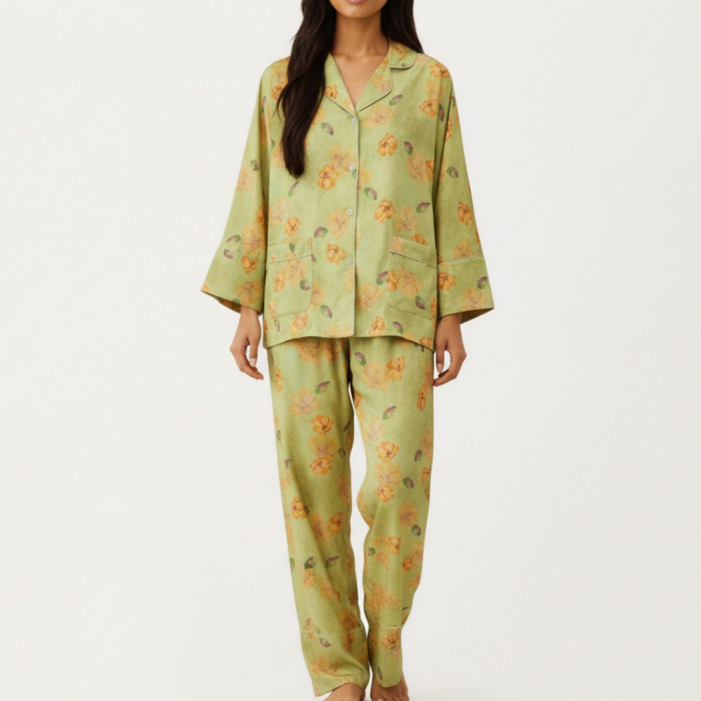 2-Piece Set Floral Print Button Front Pajama Top with Wide Cuff Sleeves and Matching Relaxed Fit Pants