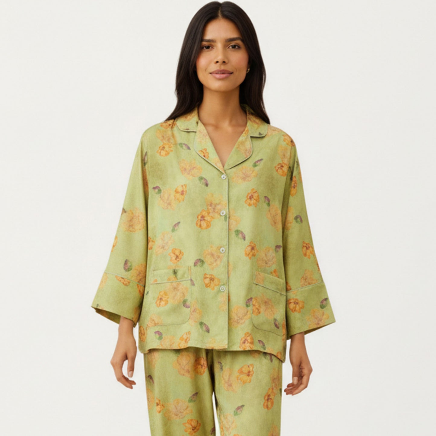 2-Piece Set Floral Print Button Front Pajama Top with Wide Cuff Sleeves and Matching Relaxed Fit Pants