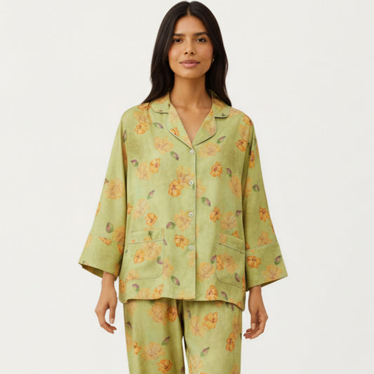 2-Piece Set Floral Print Button Front Pajama Top with Wide Cuff Sleeves and Matching Relaxed Fit Pants